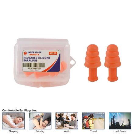 Interstate Safety 40207BX Reusable Silicone Waterproof Ear Plugs, 100 Pair per Box-32dB NRR