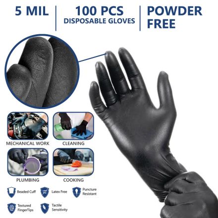 Interstate Safety 40311 5 MIL Black Powder-Free Nitrile Disposable Gloves - (Large Size)